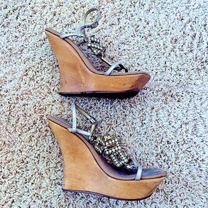 Real Vintage Dolce & Gabbana Wood Platform Gold & Crystal strappy wedge sandals